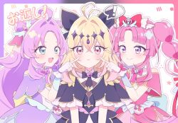  3girls ahoge akechi_anna blue_eyes blunt_bangs blush bow braid brooch capelet commentary_request cure_answer cure_arcana_shadow cure_mystique double_bun dress earrings fingerless_gloves glove_bow gloves gradient_hair hair_between_eyes hair_bow hair_bun hair_intakes hair_ornament heart heart_brooch heart_hair_ornament heart_in_eye highres jewelry kobayashi_mikuru layered_dress long_hair looking_at_another looking_at_viewer magical_girl meitantei_precure! moria_luluka multicolored_hair multiple_girls nyangmomil open_mouth parted_bangs pink_bow pink_capelet pink_dress pink_eyes pink_hair portrait precure purple_bow purple_capelet purple_dress purple_hair rainbow red_bow sidelocks skirt smile solo symbol_in_eye twin_braids very_long_hair violet_eyes white_gloves 