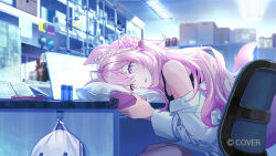  1girl animal_ears antenna_hair black_tank_top braid braided_bun cellphone chair commentary_request crown_braid double-parted_bangs double_bun from_side gloves hair_between_eyes hair_bun hakui_koyori head_on_pillow holding holding_phone hololive indoors laboratory long_hair long_sleeves looking_at_phone nana_tetra off_shoulder official_art on_chair open_mouth pantyhose phone pillow pink_hair shirt sidelocks sitting skirt smartphone solo tail tank_top unworn_gloves very_long_hair violet_eyes virtual_youtuber white_shirt white_skirt wolf_ears wolf_girl wolf_tail 