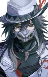 1boy asatya_ny ashveil_(honkai:_star_rail) black_hair black_shirt commentary_request crescent crescent_pin fedora gloves gradient_hair hat hat_ornament highres honkai:_star_rail honkai_(series) jacket jewelry lapel_pin long_hair looking_at_viewer male_focus mask mouth_mask multicolored_hair necklace shirt single_glove solo supplicant_mask tooth_necklace turtleneck violet_eyes white_gloves white_hair white_hat white_jacket 