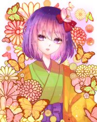  1girl absurdres bow bug butterfly commentary_request floral_background flower green_butterfly green_kimono hair_bow hair_flower hair_ornament hieda_no_akyuu highres ikth00nm japanese_clothes kimono layered_kimono looking_at_viewer medium_hair orange_butterfly purple_hair red_bow solo touhou upper_body violet_eyes yellow_kimono 