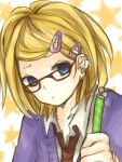  bad_id blonde_hair blue_eyes earrings glasses hair_ornament hairclip jewelry kagamine_rin necktie noko_(38nc) piercing short_hair sketch solo sweater vocaloid 