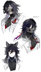  1boy animal_ears ashveil_(honkai:_star_rail) black_hair black_pants black_shirt blush crescent crescent_pin dated gloves gradient_hair highres honkai:_star_rail honkai_(series) jacket jewelry k0cha03 lapel_pin long_hair male_focus mask mouth_mask multicolored_hair multiple_views necklace pants shirt single_glove supplicant_mask tooth_necklace turtleneck violet_eyes white_gloves white_hair white_jacket wolf_boy wolf_ears 