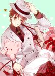  ahoge arm_up axis_powers_hetalia bad_id bag bangs bear blush bouquet box boy brown_eyes brown_hair fedora flower formal gift gift_box gold_eyes hand_on_hat hat hat_tip head_tilt heart holding holding_hat jewelry light_smile male necktie northern_italy_(hetalia) pants parted_bangs present ribbon ring rose short_hair simekirikowai smile solo stuffed_animal stuffed_toy suit teddy_bear white_suit wink wristband yellow_eyes 
