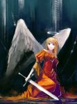  blonde_hair blue_eyes blueman dress halo kneeling large_wings original red_dress solo sword weapon wings 