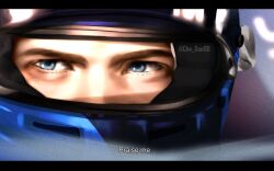  1boy blue_eyes car che_sue00 close-up english_text eye_focus formula_one formula_racer helmet highres leon_s._kennedy letterboxed looking_to_the_side male_focus motor_vehicle portrait race_vehicle racecar resident_evil serious solo 