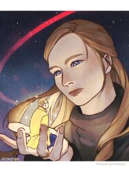  1boy 1girl artist_name b_1ove blonde_hair blue_eyes brown_hair commentary eva_stratt highres long_hair looking_at_another mini_person project_hail_mary ryland_grace signature space twitter_username 