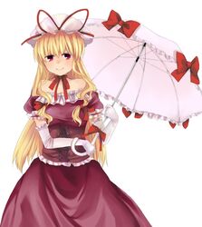  bad_id bare_shoulders blonde_hair blush bow corset dress elbow_gloves frills gloves hair_ribbon hat hat_ribbon iichiko_(398016) long_hair parasol red_eyes ribbon smile solo touhou umbrella yakumo_yukari 