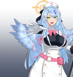  1girl ainagi angel angel_wings belt belt_pouch blue_archive blue_hair blue_wings bow braid breasts commentary_request dress feathered_wings gloves gradient_background green_eyes grey_background gun hair_ribbon halo hat large_breasts lever_action long_hair looking_at_viewer mine_(blue_archive) multicolored_hair nurse_cap open_mouth orange_halo pink_belt pink_bow pink_ribbon pointy_ears pouch reaching reaching_towards_viewer ribbon shield shotgun solo streaked_hair twin_braids weapon white_dress white_gloves winchester_model_1887 wings 