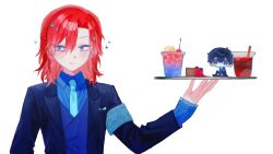  >:) 2boys arm_at_side armband blue_armband blue_coat blue_eyes blue_necktie blue_shirt blue_vest blush breast_pocket butler cherry chibi closed_mouth coat collared_shirt cup disposable_cup dot_mouth dress_shirt fondant_au_chocolat food formal_clothes fruit hand_up hands_on_own_thighs highres hyoutenka_30-do_no_zetsubou ice_cream ice_cream_float jitome kuchinashi_dabi lace-trimmed_sleeves lace_trim lapels looking_to_the_side male_focus medium_hair mini_person miniboy mitsudomoe_koubou_(series) mole mole_under_eye multiple_boys necktie non-web_source on_plate pocket red_hair rou_(h_s_sinrin) shirt simple_background sitting sleeves_past_wrists smile sparkle stitched third-party_edit tonimura_yui upper_body v-shaped_eyebrows vest white_background 