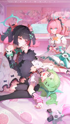  3girls a_maple absurdres angels_of_delusion aria_(zenless_zone_zero) arm_warmers artist_name black_hair black_sleeves black_thighhighs blue_eyes blunt_bangs chinese_commentary collar commentary_request detached_collar detached_sleeves dress fur-trimmed_sleeves fur_trim green_hair green_halo grin hair_intakes hair_ornament halo highres holding laughing looking_at_another lying medium_hair multiple_girls nangong_yu on_back paint pink_arm_warmers pink_hair poster_(object) prank red_eyes shirt sidelocks sitting sleeping smile sparkling_eyes sunna_(zenless_zone_zero) thigh-highs wariza white_collar white_dress white_shirt zenless_zone_zero 