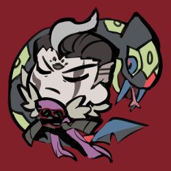  1boy alternate_color black_hair chibi chibi_only closed_eyes closed_mouth commentary crossed_arms crossover danganronpa_(series) danganronpa_3_(anime) dark_persona english_commentary fangs forked_tongue full_body grey_hair highres male_focus multicolored_hair official_alternate_costume open_mouth pokemon pokemon_(creature) red_background scar scar_across_eye scar_on_face seviper shiny_pokemon short_hair simple_background spoilers suraelis tanaka_gundham tongue tongue_out two-tone_hair v-shaped_eyebrows 