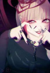  1girl absurdres black_nails choker commentary finger_heart fingernails halo heart heart_hands highres lace-trimmed_sleeves lace_trim lips long_sleeves nail_polish o-ring o-ring_choker okano_kazuo original parted_lips pink_eyes red_halo sharp_fingernails short_hair signature solo untranslatable_commentary upper_body 