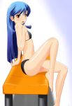  barefoot bench bikini black_bikini blue_hair brown_eyes feet highres idolmaster kisaragi_chihaya long_hair sitting swimsuit 