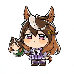  1girl animal_ears blush bow brown_hair chibi chibi_only closed_mouth commentary earrings frown gaman hair_between_eyes hand_puppet highres horse_ears horse_girl horse_tail jewelry long_hair long_sleeves multicolored_hair pleated_skirt puppet purple_sailor_collar purple_serafuku purple_shirt purple_skirt purple_thighhighs sailor_collar sailor_shirt school_uniform serafuku shirt shoes simple_background single_earring skirt streaked_hair symboli_rudolf_(umamusume) tail thigh-highs tracen_school_uniform umamusume violet_eyes white_background white_hair 