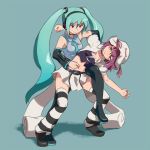  abdominal_stretch aqua_hair belly_tickling boots choker crossover detached_sleeves finger_in_navel green_eyes hat hatsune_miku headset long_hair merry_nightmare midriff multiple_girls navel navel_insertion navel_poking navel_tickling necktie purple_hair red_eyes ribbon short_hair skirt striped striped_legwear striped_thighhighs tarayama thigh-highs thigh_boots thighhighs tickling twintails vocaloid wrestling yuki_taru yumekui_merry 