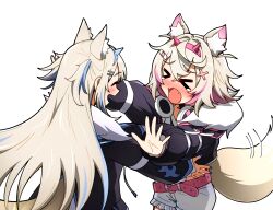  >_< 2girls :d animal_ear_fluff animal_ears bandaid bandaid_hair_ornament belt black_jacket blonde_hair blue_hairband blue_nails blue_streaks blush commentary crossed_bangs ddolbang dog_ears dog_girl dog_tail english_commentary fake_horns fangs frilled_shorts frills fur-trimmed_jacket fur_trim fuwawa_abyssgard fuwawa_abyssgard_(1st_costume) hair_ornament hairband headphones headphones_around_neck highres hololive hololive_english horn_hairband horns imminent_hug jacket long_hair long_sleeves mococo_abyssgard mococo_abyssgard_(1st_costume) multicolored_hair multiple_girls outstretched_hand pink_belt pink_hairband pink_streaks shorts siblings simple_background sisters smile streaked_hair tail tail_wagging tearing_up twins virtual_youtuber white_background x_hair_ornament xd 