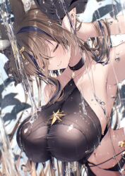  1girl 218 animal_ears asymmetrical_hair bikini black_bikini blue_hair breasts brown_hair brown_horns closed_eyes closed_mouth commentary_request draph extra_ears galleon_(granblue_fantasy) galleon_(summer)_(granblue_fantasy) granblue_fantasy hair_between_eyes highres horns large_breasts long_hair long_hair_between_eyes multicolored_hair official_alternate_costume pointy_ears see-through_cleavage see-through_clothes smile solo streaked_hair swimsuit wet wet_clothes wet_swimsuit 