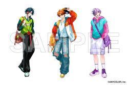  3boys 3skm_(nijisanji) ahoge alternate_costume aqua_hair bag bag_charm baseball_cap belt belt_charm black_hat black_pants blue_eyes blue_pants blue_streaks blue_sweater_vest charm_(object) copyright_notice denim drawstring full_body green_sweater hair_over_shoulder hand_in_pocket hand_up hands_in_pockets hat headphones headphones_around_neck holding holding_unworn_clothes holding_unworn_hat hood hood_down hoodie jacket jeans jewelry kaisei_(nijisanji) kitami_yusei lineup long_sleeves looking_at_viewer low_ponytail male_focus multicolored_hair multiple_boys nijisanji open_clothes open_jacket orange_hair orange_jacket pants parted_bangs pendant pink_hoodie ponytail print_sweater purple_bag purple_hair purple_shoes red_bag red_belt red_eyes red_streaks sakaki_ness sample_watermark shirt shirt_under_sweater shoes short_hair shorts shoulder_bag simple_background single_bare_shoulder smile sneakers socks sriokorr standing streaked_hair sweater sweater_vest tank_top torn_clothes torn_jeans torn_pants track_pants two-sided_fabric two-sided_jacket unworn_hat unworn_headwear v-neck virtual_youtuber watermark white_background white_shirt white_shoes white_shorts white_socks white_tank_top yellow_bag yellow_shoes 