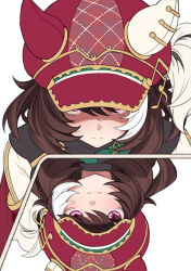  1girl absurdres animal_ears blush brown_hair closed_mouth fukuro_(maruaru00) hat highres horse_ears horse_girl it's_all_a_matter_of_angle_(meme) looking_at_viewer marche_lorraine_(racing)_(umamusume) marche_lorraine_(umamusume) medium_hair meme mirror mismatched_ear_covers multicolored_hair newsboy_cap pink_eyes red_hat reflection simple_background solo streaked_hair umamusume unfinished white_background white_streaks 