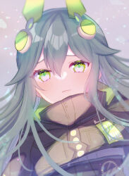  1girl arms_at_sides black_jacket blurry blush breasts buttons close_game/offline_(project_sekai) closed_mouth commentary_request depth_of_field dot_nose double-parted_bangs eyes_visible_through_hair film_grain from_below frown green_eyes green_hair grey_background hair_between_eyes hair_flaps highres inverted_eyelashes jacket kusanagi_nene lips long_hair long_sidelocks long_sleeves looking_at_viewer mechanical_ears official_alternate_costume project_sekai raised_inner_eyebrows sad sidelocks simple_background small_breasts solo tsukizuumi turtleneck turtleneck_jacket upper_body 