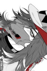  1boy ashveil_(honkai:_star_rail) black_hair black_shirt commentary fedora gradient_hair hat highres honkai:_star_rail honkai_(series) jacket jewelry long_hair male_focus mask mouth_mask multicolored_hair necklace nima_(khn1103) shirt sideways solo supplicant_mask tooth_necklace turtleneck twitter_username untranslatable_commentary violet_eyes white_hair white_hat white_jacket 