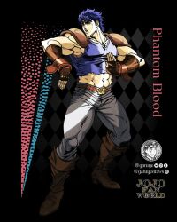  1boy abs anime_coloring araki_hirohiko_(style) argyle_background armor belt blue_hair blue_shirt boots brown_belt brown_gloves copyright_name english_commentary fighting_stance fingerless_gloves garuye gloves grey_pants highres jojo_no_kimyou_na_bouken jonathan_joestar male_focus manly midriff muscular muscular_male official_style pants pauldrons phantom_blood second-party_source shirt shoulder_armor shoulder_pads solo standing torn_clothes torn_shirt 