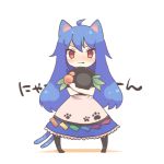  ahoge animal_ears bad_id blue_hair blush cat_ears cat_tail chibi food fruit hat hat_on_chest hat_removed headwear_removed hinanawi_tenshi holding holding_hat kemonomimi_mode konbu_ame long_hair looking_at_viewer multiple_tails nyan object_hug peach purple_hair red_eyes simple_background solo standing tail touhou twintails 