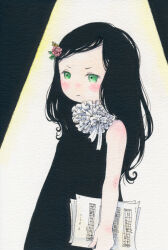  1girl black_dress black_hair blush commentary_request dress flat_chest flower green_eyes hair_flower hair_ornament highres long_hair looking_to_the_side original painting_(medium) pen_(medium) sato_(osappun) sheet_music solo traditional_media watercolor_(medium) 