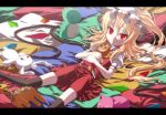  black_legwear blonde_hair flandre_scarlet hat hat_ribbon isa isatessyu letterboxed lying on_back pillow red_eyes ribbon side_ponytail slit_pupils solo stuffed_animal stuffed_bunny stuffed_toy thighhighs touhou wings 
