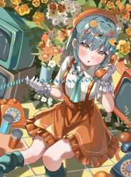  1girl :o absurdres antique_phone blush collared_shirt commentary corded_phone crt day feet_out_of_frame flower food-themed_hair_ornament frilled_skirt frills green_hair green_necktie green_socks hair_between_eyes hair_ornament hairclip haru_yu hat heart heart_hair_ornament highres holding holding_phone kneehighs lemon_hair_ornament long_hair looking_at_viewer necktie open_mouth orange_flower orange_hat orange_skirt original outdoors parallel_hairclips phone rotary_phone shirt short_sleeves sitting skirt socks solo suspender_skirt suspenders television untranslatable_commentary white_flower white_shirt yellow_eyes 