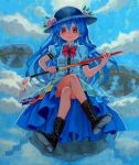  acrylic_paint_(medium) ama-tou blue_hair boots bowtie crossed_legs food fruit hat highres hinanawi_tenshi keystone long_hair looking_at_viewer peach red_eyes sitting solo sword sword_of_hisou touhou traditional_media weapon 