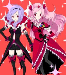  2girls black_legwear black_pantyhose bow bracelet brooch choker cure_passion dual_persona earrings eas fresh_precure! hair_flip hair_ornament hairband hairpin hand_on_hip heart higashi_setsuna hips jewelry long_gloves long_hair magical_girl multiple_girls navel pantyhose payot pink_hair precure purple_hair red_eyes ribbon short_hair shorts smile sparkle thigh-highs thighhighs tiara uduki-shi uzuki_aki 