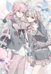  1boy 1girl absurdres bag blue_eyes bow bowtie brown_hair bu_zhan_gai_pai_suan_nai collared_shirt frills glaceon hat highres holding holding_hands holding_poke_ball jacket long_hair long_sleeves looking_at_viewer original pants pink_bow pink_hair pink_skirt pleated_skirt poke_ball pokemon pokemon_(creature) school_uniform shirt skirt sylveon white_shirt 