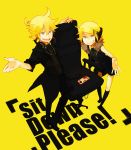  +_+ -_- ahoge bare_shoulders black_dress black_kneehighs black_legwear blonde_hair blue_eyes brother_and_sister chair controller dress famicom female footwear from_above fur_collar game_controller glider_(artist) hair_ornament hairclip headphones jacket kagamine_len kagamine_rin kneehighs looking_up male multicolored_eyes necktie nes nintendo ponytail remote_control ribbon rimocon_(vocaloid) short_hair siblings smile socks tongue twins video_game vocaloid yellow_eyes 