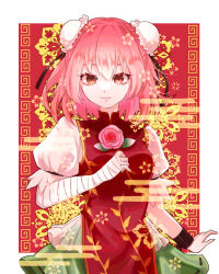  1girl absurdres bandaged_arm bandages breasts brown_eyes bun_cover closed_mouth commentary_request double_bun egasumi flower green_skirt hair_bun highres ibaraki_kasen ikth00nm looking_at_viewer medium_breasts medium_hair pink_flower pink_hair pink_rose puffy_short_sleeves puffy_sleeves red_tabard ribbon-trimmed_skirt ribbon_trim rose shirt short_sleeves skirt smile solo tabard touhou white_shirt 