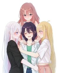  4girls absurdres ahoge bare_shoulders black_hair black_shirt blonde_hair blue_eyes blush cho_kaguya-hime! closed_eyes colored_inner_hair commentary girl_sandwich green_shirt grey_eyes hair_between_eyes hand_on_another's_arm hand_on_another's_hip hands_on_another's_shoulders harem highres kaguya_(cho_kaguya-hime!) lab_coat long_hair looking_at_another medium_hair midriff mole mole_under_eye multicolored_hair multiple_girls open_mouth pink_hair pink_shorts red_eyes runami_yachiyo sakayori_iroha sandwiched shameimaru_aya shirt shorts simple_background small_sweatdrop smile very_long_hair white_background white_hair white_shirt xp0p0p0x yuri 
