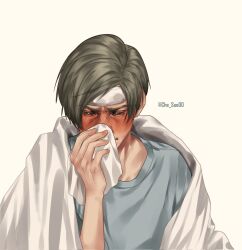  1boy blonde_hair blowing_nose blue_eyes blue_shirt che_sue00 commentary english_commentary flustered furrowed_brow highres holding_napkin leon_s._kennedy male_focus resident_evil shirt short_hair sick solo towel towel_around_neck towel_on_face upper_body 