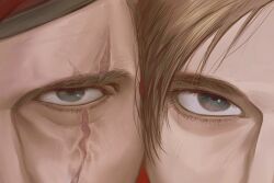  2boys aegyo_sal blonde_hair blue_eyes close-up commentary eye_focus hat highres jack_krauser leon_s._kennedy looking_at_viewer multiple_boys resident_evil resident_evil_4 scar scar_across_eye scar_on_face short_hair side-by-side songyeerhu 
