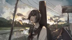  1girl black_eyes black_sailor_collar black_shirt blunt_bangs blunt_ends bob_cut closed_mouth clouds cloudy_sky commentary_request guitar_case headphones highres instrument_case instrument_case_on_back looking_ahead neckerchief original outdoors red_neckerchief road rokudenashi_(band) sailor_collar shirt sky solo street utility_pole white_shirt youtube_video_thumbnail ystty0 