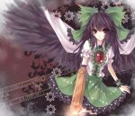  arm_cannon asuka_(louyun) bad_id bird_wings bow brown_hair caution dress feathers hair_bow highres red_eyes reiuji_utsuho solo third_eye touhou weapon wings 