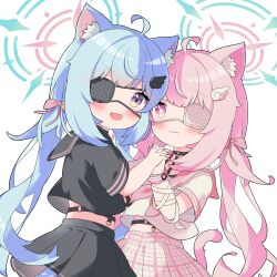  2girls ahoge animal_ear_fluff animal_ears black_choker black_sailor_collar black_serafuku black_skirt blush cat_ears cat_girl cat_tail check_copyright check_medium choker commentary commission copyright_request eyepatch fang hair_ornament halo highres holding_hands interlocked_fingers long_hair medium_request multiple_girls open_mouth pink_eyes pink_hair pink_halo sailor_collar school_uniform serafuku shirousagi_(user_erwx7425) short_sleeves simple_background skirt tail twintails untranslatable_commentary vrchat vrchat_(medium) white_background white_serafuku wing_hair_ornament 