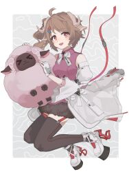  1girl :d animal animal_ears ardelia_(arknights) arknights arknights:_endfield bare_shoulders black_thighhighs border bow bowtie braid brown_hair clothes_writing commentary detached_sleeves dolly_(arknights) elevation_contour_lines eyjafjalla_(arknights) fingerless_gloves full_body gloves grey_background grey_horns hair_ornament hairclip highres holding holding_animal horns long_hair long_sleeves looking_at_viewer open_mouth outside_border pink_shirt platform_shoes red_eyes red_ribbon ribbon saiy0u sheep_ears sheep_girl sheep_horns shirt shoes side_ponytail sleeveless sleeveless_shirt smile solo thigh-highs white_border white_bow white_bowtie white_gloves white_shoes white_sleeves 