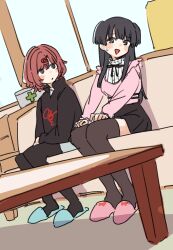  2girls absurdres averting_eyes black_hair black_pantyhose black_shirt black_skirt brown_hair brown_thighhighs commentary couch first_aid_kit highres higuchi_madoka idolmaster idolmaster_shiny_colors indoors long_sleeves looking_at_another mayuzumi_fuyuko mole mole_under_eye multiple_girls on_couch pantyhose pink_shirt pix3dayo shirt sitting skirt slippers sweatdrop thigh-highs 