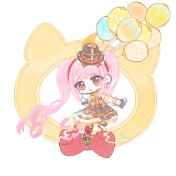  1girl :o absurdly_long_hair animal ankle_bow ankle_ribbon argyle_bow back_ribbon balloon bare_shoulders black_shoes bow bowtie brown_dress brown_eyes brown_hat cat chibi clothed_animal dance_till_dawn_(infinity_nikki) detached_sleeves dress ear_covers earrings expressionless eyes_visible_through_hair floating frilled_dress frilled_headwear frilled_wrist_cuffs frills hairband hat hat_bow head_only holding holding_balloon hood hood_up infinity_nikki jewelry layered_dress leg_ribbon light_blush lolita_fashion long_hair long_sleeves medium_dress mini_hat mini_top_hat momo_(nikki) multicolored_ribbon nikki_(nikki) nikki_(series) open_mouth pantyhose pink_hair red_bow red_bowtie red_hairband red_pantyhose ribbon shoes sidelocks simple_background solo strapless strapless_dress top_hat traditional_bowtie twintails two-tone_bow very_long_hair waist_bow wavy_hair white_background white_cat white_dress white_sleeves white_wrist_cuffs wrist_cuffs xiao560469 yellow_background yellow_hood 