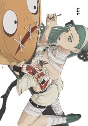  1girl a.b.a bad_id bad_pixiv_id bags_under_eyes bandaged_chest bandaged_leg bandaged_neck bandages bare_shoulders blood blood_bag boots dated feeding fingerless_gloves food from_above full_body gloves green_boots green_eyes green_hair green_nails guilty_gear guilty_gear_strive hair_pulled_back hairband highres holding holding_spoon key_in_head long_hair looking_at_another looking_at_viewer loose_bandages object_through_head off-shoulder_shirt off_shoulder open_mouth paracelsus_(guilty_gear) parfait shirt simple_background single_glove solo spoon stitched_mouth stitches suamarada white_background white_hairband 