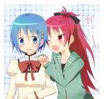  blue_hair blush bow fang hair_bow hair_ornament hairclip hands_on_shoulder jacket long_hair mahou_shoujo_madoka_magica miki_sayaka open_mouth ponytail red_eyes red_hair redhead sakura_kyouko school_uniform short_hair sr_soba wink 