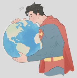  1boy blue_bodysuit bodysuit cape dc_comics earth_(planet) highres kiss male_focus muscular muscular_male planet red_cape shrimpou solo superhero_costume superman superman_(series) superman_logo 