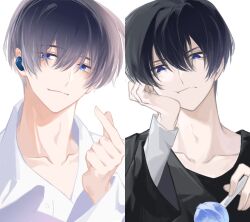  1boy :t black_hair black_shirt blue_eyes candy chupa_chups closed_mouth collarbone collared_shirt commentary earphones earphones eyes_visible_through_hair finger_heart food hair_between_eyes hand_on_own_cheek hand_on_own_face head_on_hand head_rest holding holding_candy holding_food holding_lollipop hsmy layered_sleeves light_smile lollipop long_sleeves male_focus multiple_views portrait pout sakaguchi_ouri shirt short_hair simple_background tamon-kun_ima_docchi v-shaped_eyebrows white_background white_shirt 