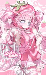  1girl absurdres bag baishuilai basket blue_eyes blunt_bangs bow closed_mouth cowboy_shot food food-themed_hair_ornament food_print fruit fruit_print gloves hair_ornament hand_on_own_hip highres holding long_hair looking_at_viewer original pink_background pink_bow pink_hair pink_ribbon pink_skirt pink_theme pink_thighhighs puffy_short_sleeves puffy_sleeves ribbon shirt short_sleeves skirt solo strawberry strawberry_hair_ornament strawberry_print striped_clothes striped_thighhighs stuffed_animal stuffed_rabbit stuffed_toy thigh-highs twintails very_long_hair white_bow white_gloves 
