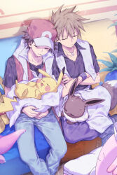  2boys 88_(einnimnech) baseball_cap black_shirt blue_oak blue_pants brown_hair chansey closed_eyes closed_mouth collarbone commentary_request crossed_arms drooling eevee hat highres holding holding_towel jacket leaning_on_person leaning_to_the_side male_focus multiple_boys nose_bubble nurse_cap open_mouth pants pikachu pokemon pokemon_(creature) pokemon_firered_and_leafgreen purple_pants red_(pokemon) saliva shirt short_hair short_sleeves sitting slowpoke smile spiky_hair towel wet wet_clothes wet_hair wet_shirt 